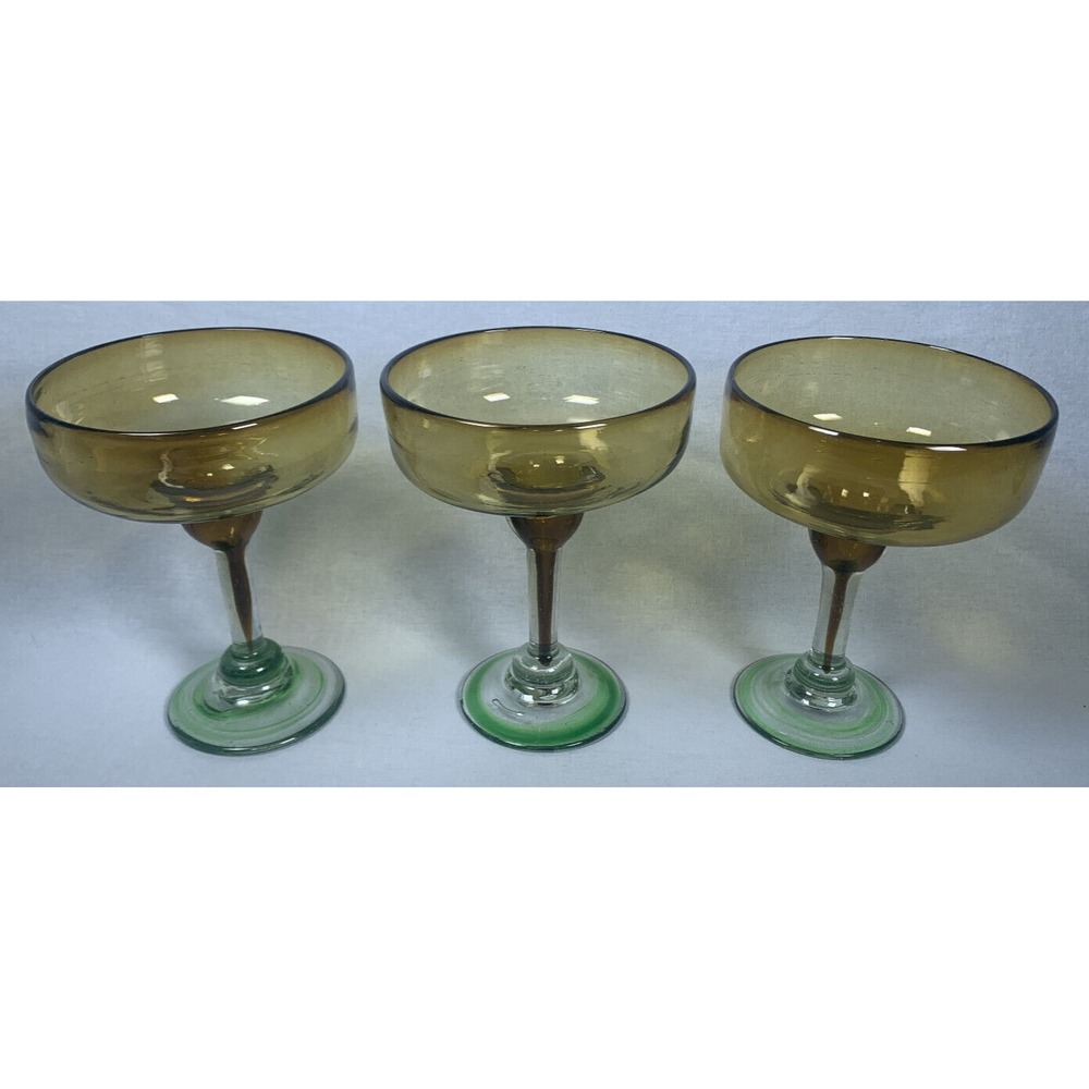 RARE Set of 3 Mexican Hand Blown Amber Margarita Glasses Green Swirl Base